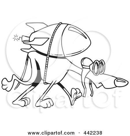 Royalty-Free (RF) Clip Art Illustration of a Cartoon Black And White Outline Design Of A Rocket Strapped To A Greyhound by toonaday