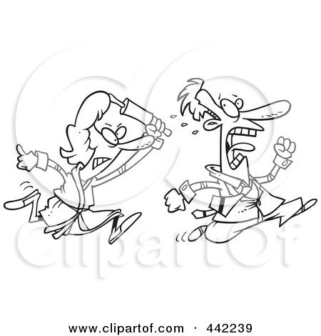 Royalty-Free (RF) Clip Art Illustration of a Cartoon Black And White Outline Design Of A Woman Chasing Her Husband With A Rolling Pin by toonaday
