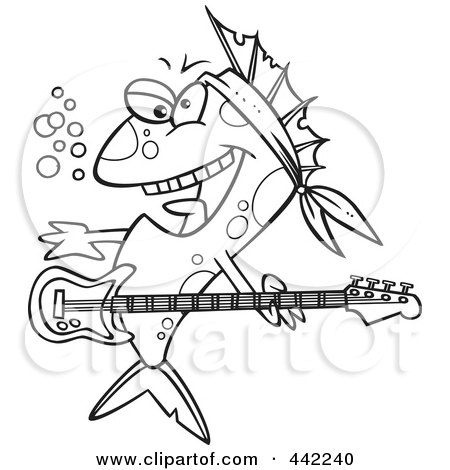 Royalty-Free (RF) Clip Art Illustration of a Cartoon Black And White Outline Design Of A Rocker Fish by toonaday