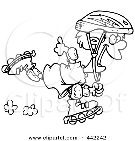 Royalty-Free (RF) Clip Art Illustration of a Cartoon Black And White Outline Design Of A Roller Blading Boy by toonaday
