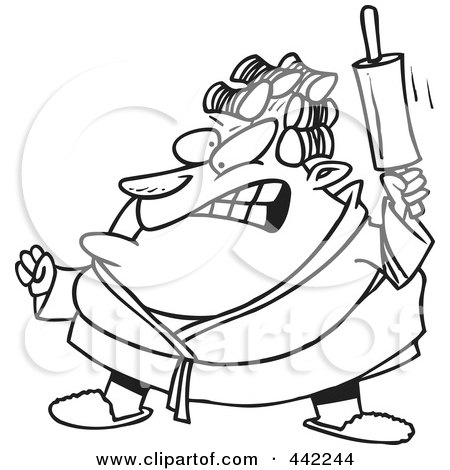 Royalty-Free (RF) Clip Art Illustration of a Cartoon Black And White Outline Design Of A Mad Woman Waving A Rolling Pin by toonaday
