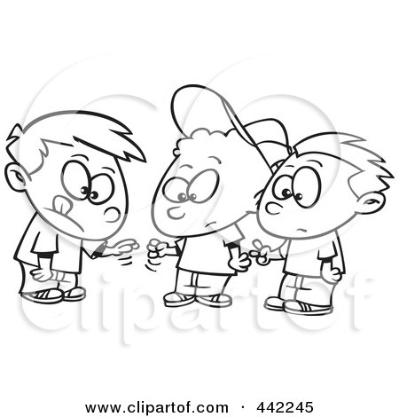 Royalty-Free (RF) Clip Art Illustration of a Cartoon Black And White Outline Design Of A Group Of Boys Playing Rock Paper Scissors by toonaday
