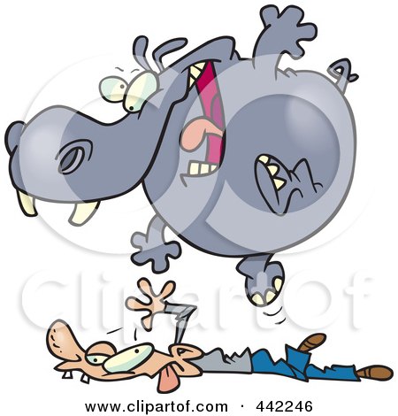 Royalty-Free (RF) Clip Art Illustration of a Cartoon Hippo Pouncing On A Man by toonaday