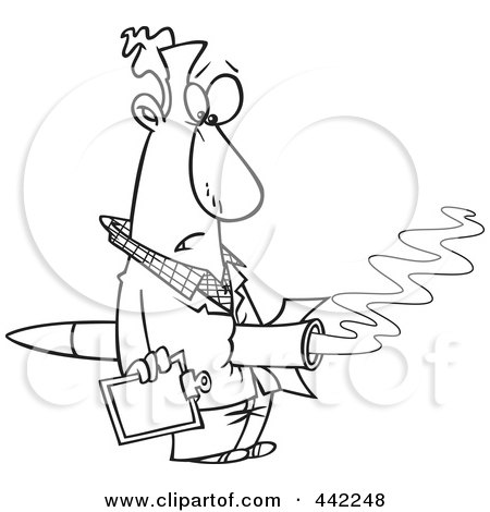 Royalty-Free (RF) Clip Art Illustration of a Cartoon Black And White Outline Design Of A Rocket Through A Man's Stomach by toonaday