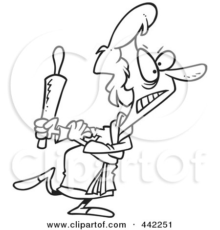 Royalty-Free (RF) Clip Art Illustration of a Cartoon Black And White Outline Design Of A Mad Woman Carrying A Rolling Pin by toonaday