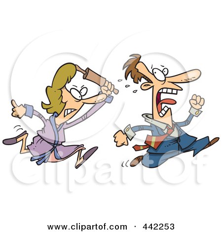 Royalty-Free (RF) Clip Art Illustration of a Cartoon Woman Chasing Her Husband With A Rolling Pin by toonaday