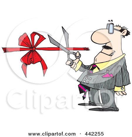 Royalty-Free (RF) Clip Art Illustration of a Cartoon Businessman Performing A Ribbon Cutting Ceremony by toonaday