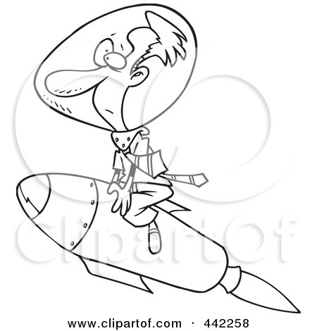 Royalty-Free (RF) Clip Art Illustration of a Cartoon Black And White Outline Design Of A Man Riding A Rocket by toonaday