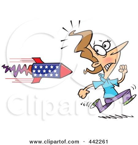 Royalty-Free (RF) Clip Art Illustration of a Cartoon Woman Running From A Rocket by toonaday