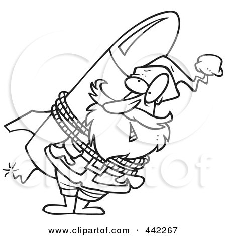 Royalty-Free (RF) Clip Art Illustration of a Cartoon Black And White Outline Design Of Santa Strapped To A Rocket by toonaday