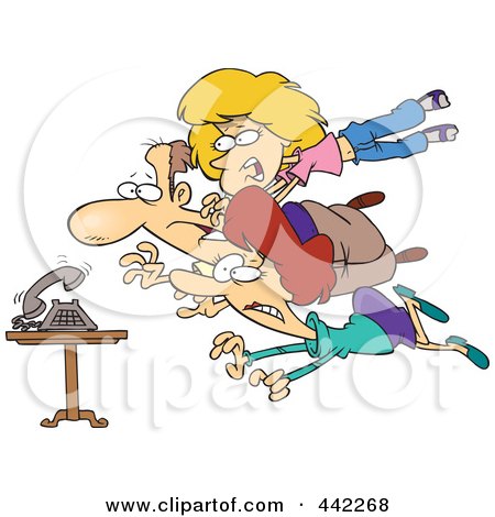 Royalty-Free (RF) Clip Art Illustration of a Cartoon Family Diving For A Ringing Phone by toonaday