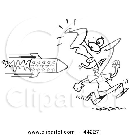 Royalty-Free (RF) Clip Art Illustration of a Cartoon Black And White Outline Design Of A Woman Running From A Rocket by toonaday