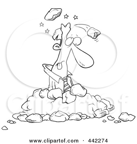 Royalty-Free (RF) Clip Art Illustration of a Cartoon Black And White Outline Design Of A Businessman In A Pile Of Rocks by toonaday