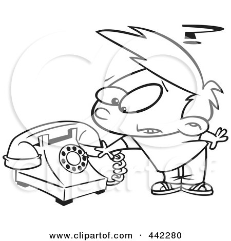 Royalty-Free (RF) Clip Art Illustration of a Cartoon Black And White Outline Design Of A Boy Trying To Use A Rotary Phone by toonaday