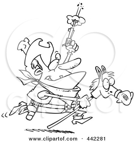 Royalty-Free (RF) Clip Art Illustration of a Cartoon Black And White Outline Design Of A Cowboy Shooting A Gun And Riding A Stick Pony by toonaday