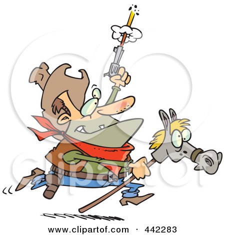 Royalty-Free (RF) Clip Art Illustration of a Cartoon Cowboy Shooting A Gun And Riding A Stick Pony by toonaday