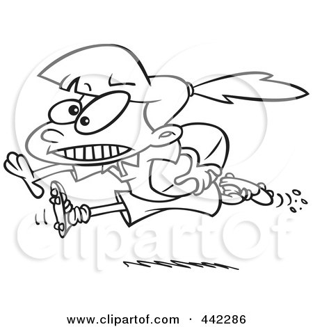 Royalty-Free (RF) Clip Art Illustration of a Cartoon Black And White Outline Design Of A Rugby Girl Running With A Ball by toonaday