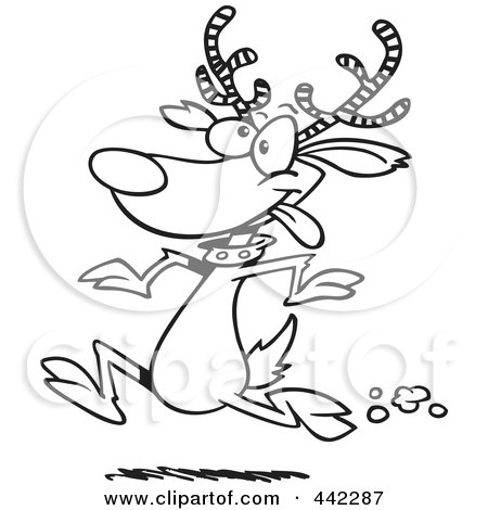 Royalty-Free (RF) Clip Art Illustration of a Cartoon Black And White Outline Design Of A Reindeer Running by toonaday