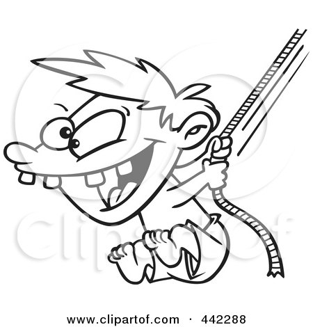 Royalty-Free (RF) Clip Art Illustration of a Cartoon Black And White Outline Design Of A Boy On A Rope Swing by toonaday