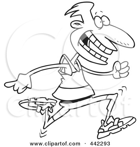 Royalty-Free (RF) Clip Art Illustration of a Cartoon Black And White Outline Design Of A Male Runner by toonaday