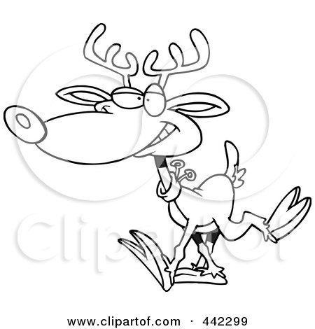 Royalty-Free (RF) Clip Art Illustration of a Cartoon Black And White Outline Design Of A Reindeer Walking by toonaday