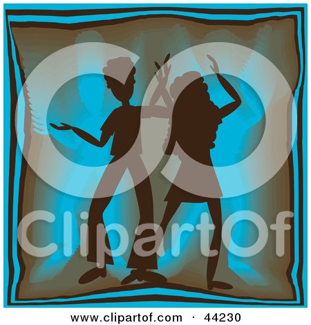 Clipart Illustration of a Silhouetted Dancing Couple Grooving At A Blue Party by kaycee