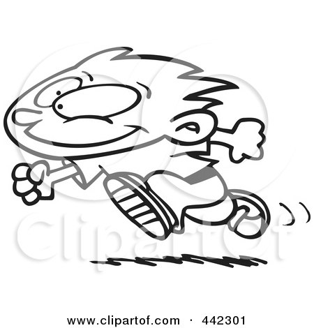 Royalty-Free (RF) Clip Art Illustration of a Cartoon Black And White Outline Design Of A Running Boy by toonaday