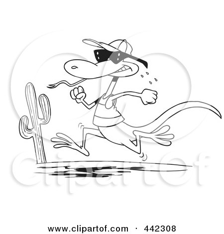 Royalty-Free (RF) Clip Art Illustration of a Cartoon Black And White Outline Design Of A Running Lizard by toonaday