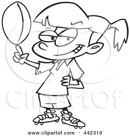 Royalty-Free (RF) Clip Art Illustration of a Cartoon Black And White Outline Design Of A Girl Spinning A Rugby Ball by toonaday
