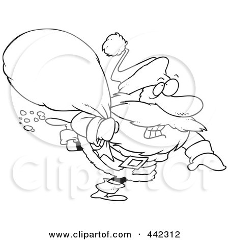 Royalty-Free (RF) Clip Art Illustration of a Cartoon Black And White Outline Design Of A Rushed Santa by toonaday