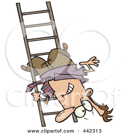 Royalty-Free (RF) Clip Art Illustration of a Cartoon Businessman Upside Down On A Ladder Rung by toonaday