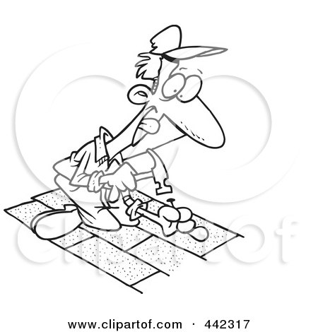 Royalty-Free (RF) Clip Art Illustration of a Cartoon Black And White Outline Design Of A Roofer Nailing Shingles by toonaday