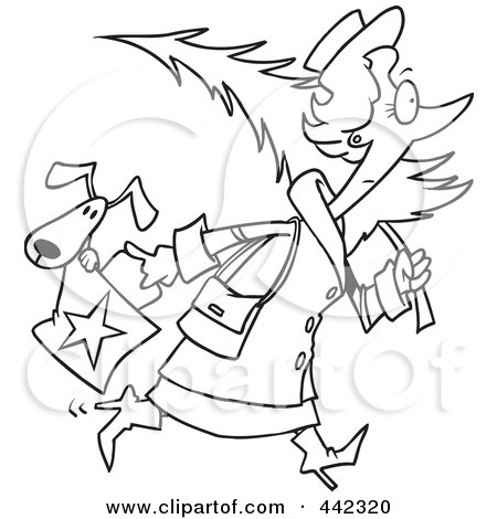 Royalty-Free (RF) Clip Art Illustration of a Cartoon Black And White Outline Design Of A Woman Carrying A Dog In Her Purse And A Christmas Tree by toonaday