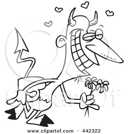 Royalty-Free (RF) Clip Art Illustration of a Cartoon Black And White Outline Design Of A Romantic Devil With Candy by toonaday