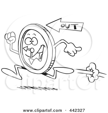 Royalty-Free (RF) Clip Art Illustration of a Cartoon Black And White Outline Design Of A Running Clock by toonaday