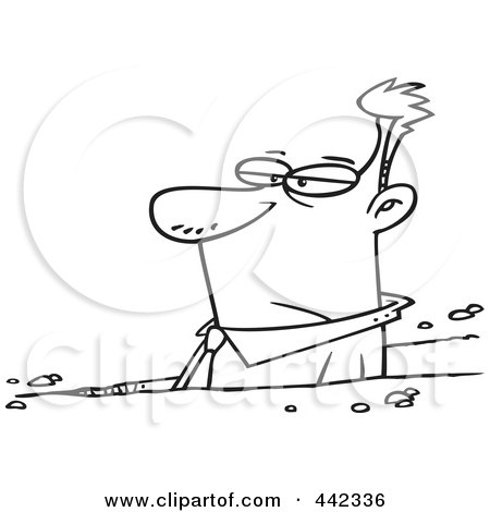 Royalty-Free (RF) Clip Art Illustration of a Cartoon Black And White Outline Design Of A Businessman Stuck In A Rut by toonaday