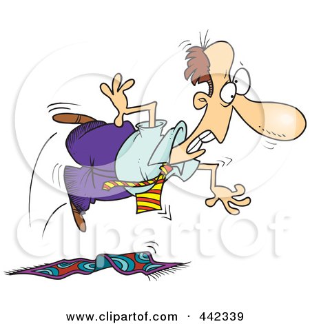 Royalty-Free (RF) Clip Art Illustration of a Cartoon Businessman Tripping On A Rug by toonaday