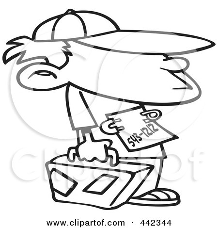 Royalty-Free (RF) Clip Art Illustration of a Cartoon Black And White Outline Design Of A Runaway Boy With Luggage by toonaday