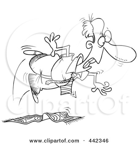 Royalty-Free (RF) Clip Art Illustration of a Cartoon Black And White Outline Design Of A Businessman Tripping On A Rug by toonaday