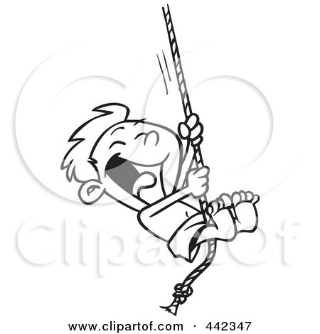 Royalty-Free (RF) Clip Art Illustration of a Cartoon Black And White Outline Design Of A Summer Boy On A Rope Swing by toonaday