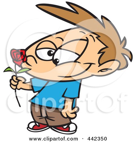 Royalty-Free (RF) Clip Art Illustration of a Cartoon Boy Holding A Red Rose by toonaday
