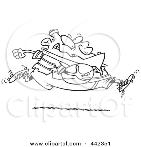 Royalty-Free (RF) Clip Art Illustration of a Cartoon Black And White Outline Design Of A Fat Rugby Football Player Running by toonaday