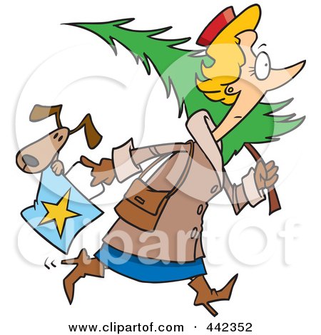 Royalty-Free (RF) Clip Art Illustration of a Cartoon Woman Carrying A Dog In Her Purse And A Christmas Tree by toonaday