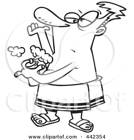 Royalty-Free (RF) Clip Art Illustration of a Cartoon Black And White Outline Design Of A Man Spraying On Deodorant by toonaday