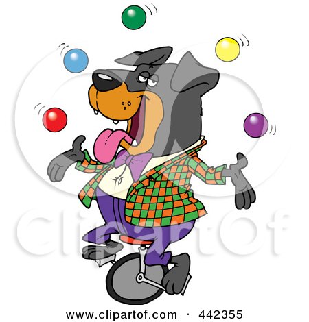 Royalty-Free (RF) Clip Art Illustration of a Cartoon Juggling Rottweiler On A Unicycle by toonaday