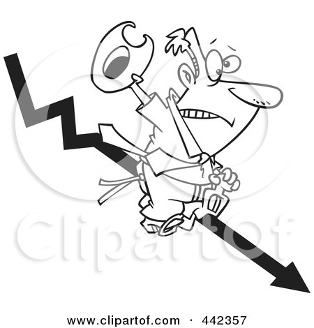 Royalty-Free (RF) Clip Art Illustration of a Cartoon Black And White Outline Design Of A Businessman Riding A Downwards Arrow Like A Cowboy by toonaday