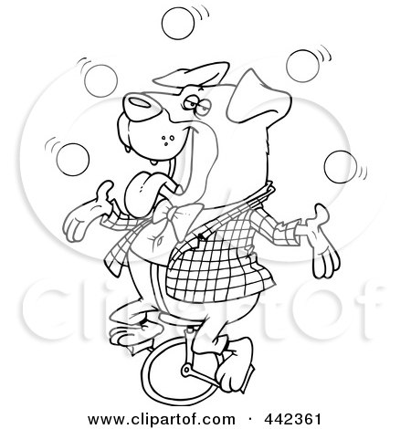 Royalty-Free (RF) Clip Art Illustration of a Cartoon Black And White Outline Design Of A Juggling Rottweiler On A Unicycle by toonaday