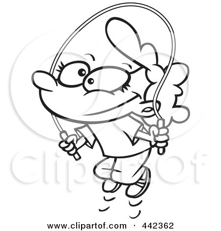 Royalty-Free (RF) Clip Art Illustration of a Cartoon Black And White Outline Design Of A Girl Jump Roping by toonaday