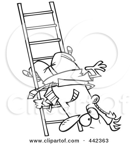 Royalty-Free (RF) Clip Art Illustration of a Cartoon Black And White Outline Design Of A Businessman Upside Down On A Ladder Rung by toonaday