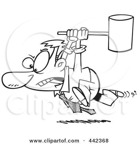 Royalty-Free (RF) Clip Art Illustration of a Cartoon Black And White Outline Design Of A Businessman Running With A Hammer by toonaday